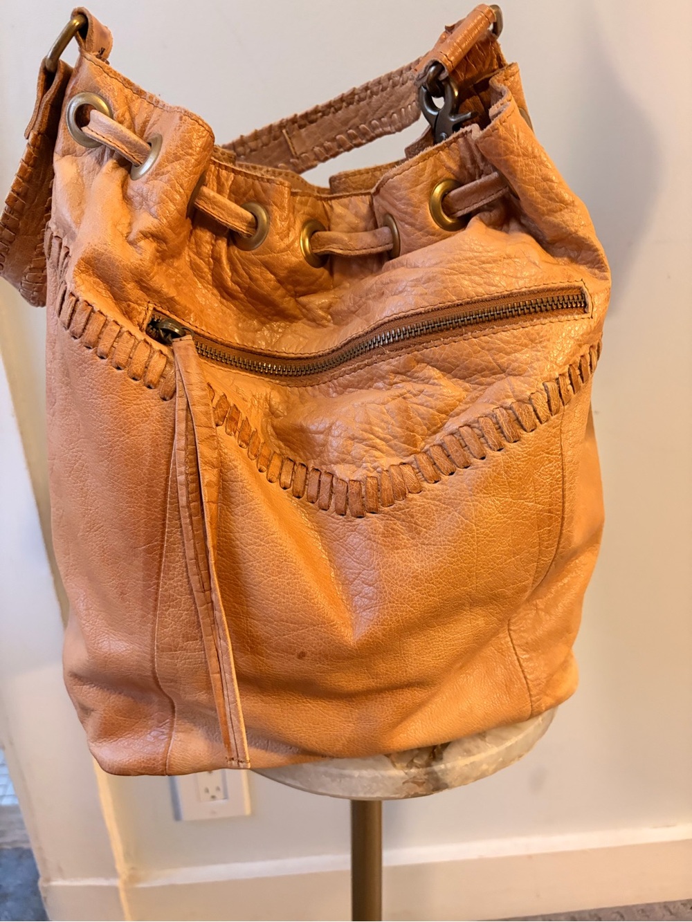 Anthropology Tan Leather Drawstring Hobo Bag with Whipstitch Detail - Picture 5 of 7